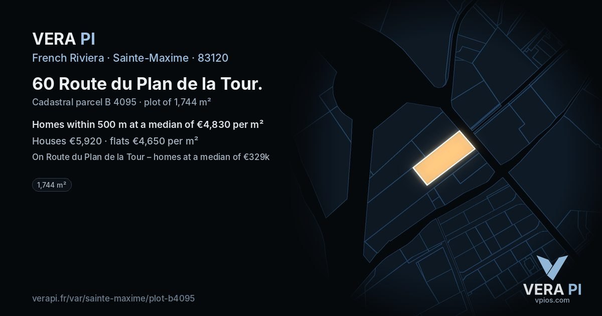60 Route du Plan de la Tour, Sainte-Maxime at night – the plot lit, the parcels around coloured by the prices near them