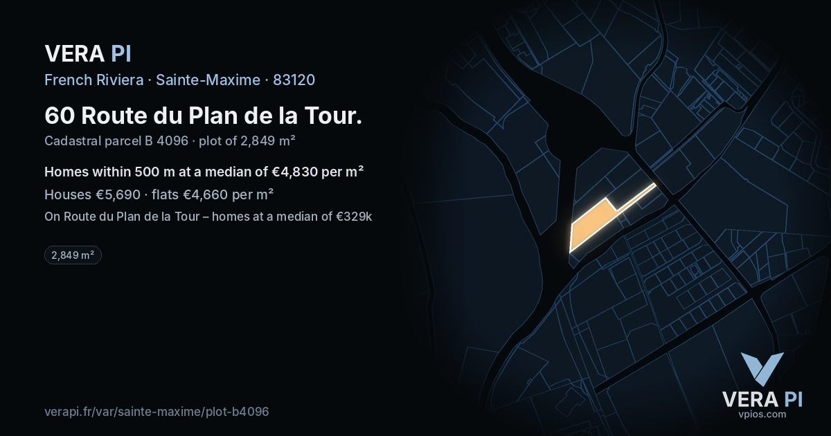 60 Route du Plan de la Tour, Sainte-Maxime at night – the plot lit, the parcels around coloured by the prices near them