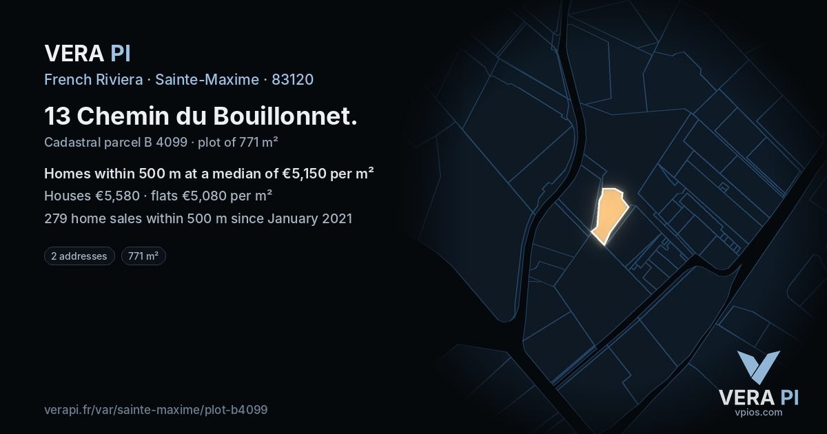 13 Chemin du Bouillonnet, Sainte-Maxime at night – the plot lit, the parcels around coloured by the prices near them