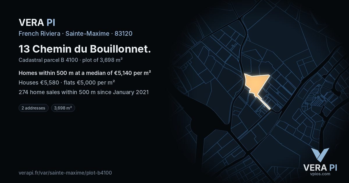 13 Chemin du Bouillonnet, Sainte-Maxime at night – the plot lit, the parcels around coloured by the prices near them