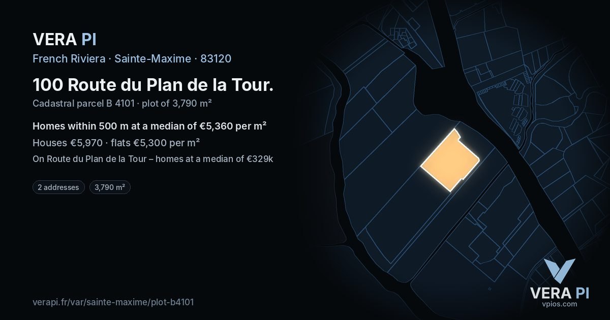 100 Route du Plan de la Tour, Sainte-Maxime at night – the plot lit, the parcels around coloured by the prices near them