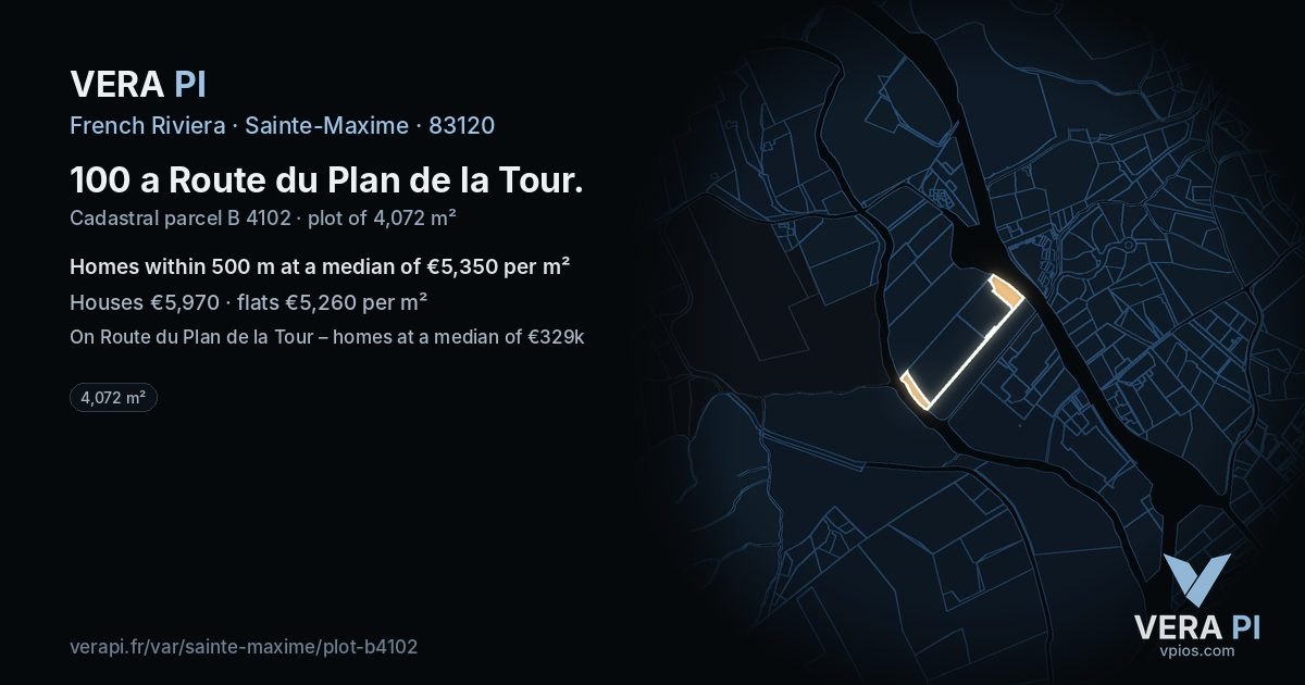 100 a Route du Plan de la Tour, Sainte-Maxime at night – the plot lit, the parcels around coloured by the prices near them