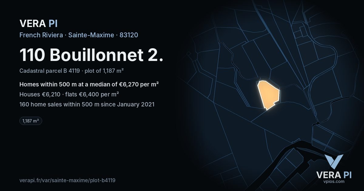 110 Bouillonnet 2, Sainte-Maxime at night – the plot lit, the parcels around coloured by the prices near them