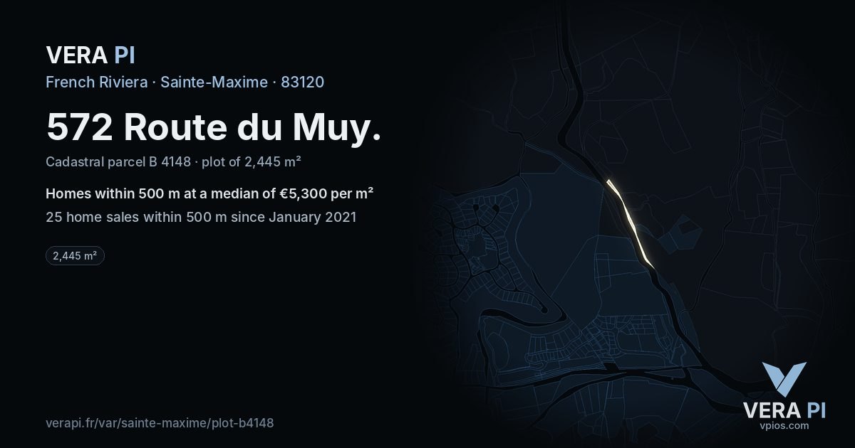 572 Route du Muy, Sainte-Maxime at night – the plot lit, the parcels around coloured by the prices near them