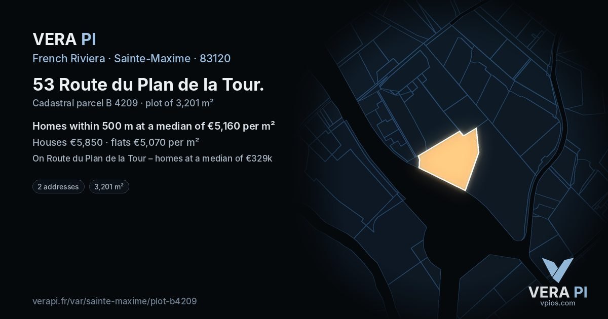53 Route du Plan de la Tour, Sainte-Maxime at night – the plot lit, the parcels around coloured by the prices near them