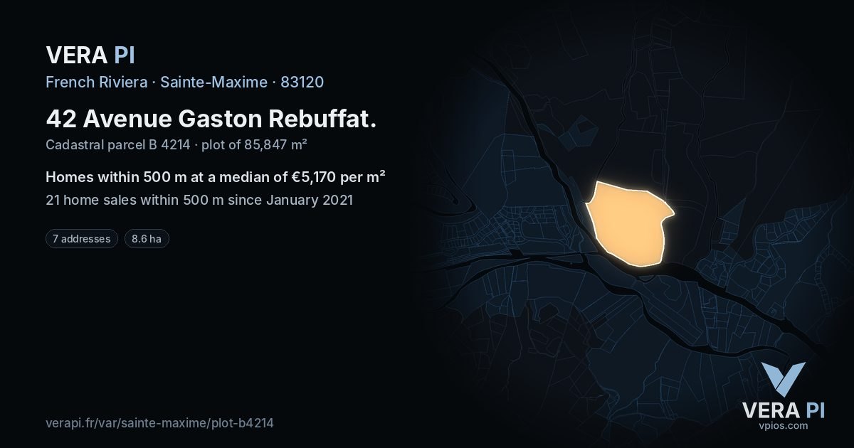 42 Avenue Gaston Rebuffat, Sainte-Maxime at night – the plot lit, the parcels around coloured by the prices near them