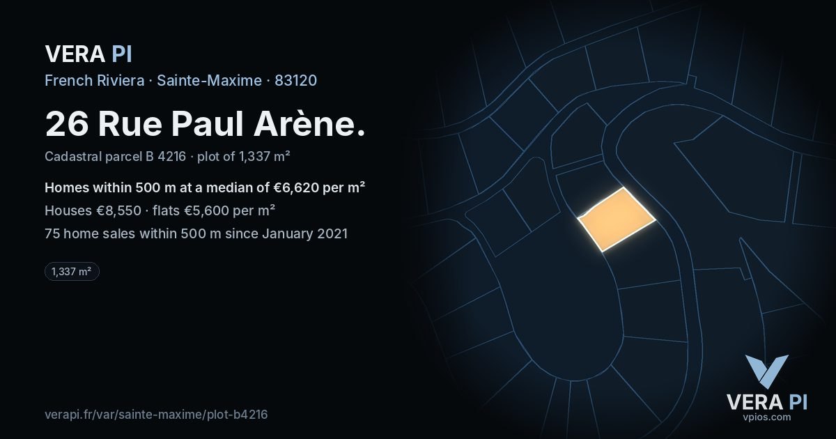 26 Rue Paul Arène, Sainte-Maxime at night – the plot lit, the parcels around coloured by the prices near them