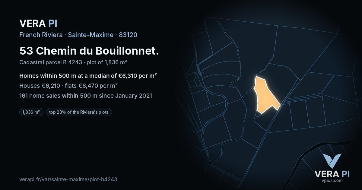 53 Chemin du Bouillonnet, Sainte-Maxime at night – the plot lit, the parcels around coloured by the prices near them