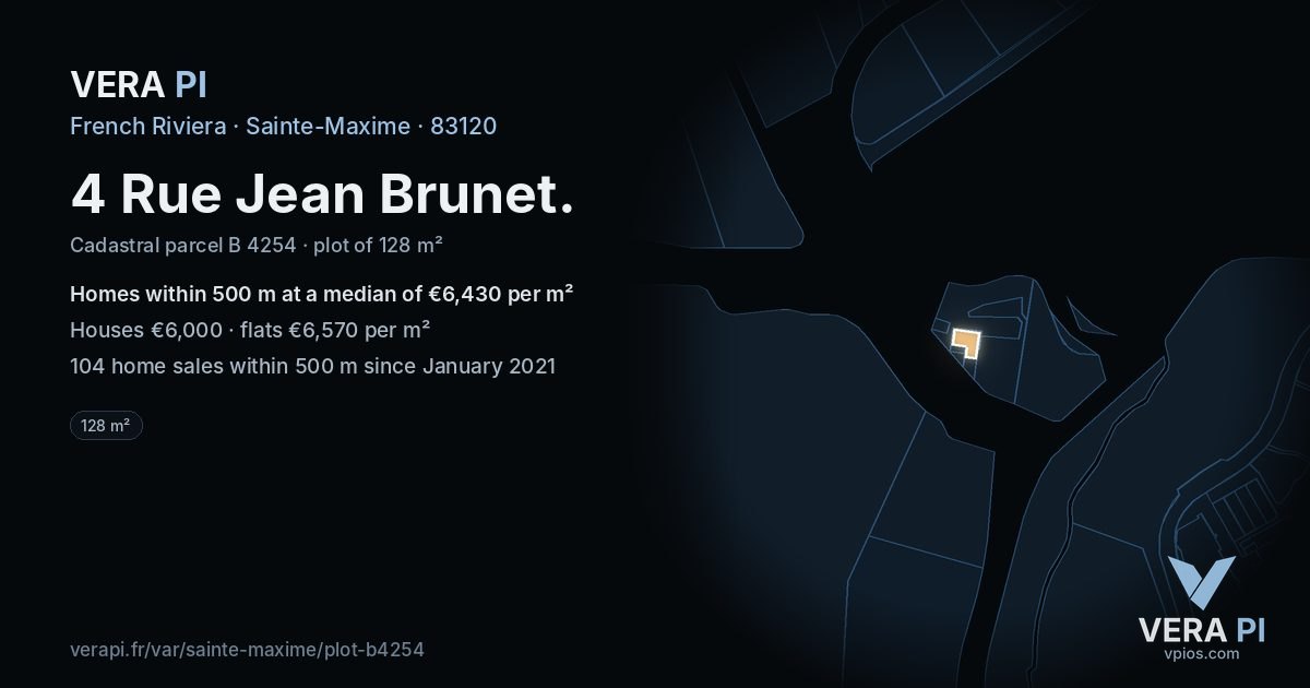 4 Rue Jean Brunet, Sainte-Maxime at night – the plot lit, the parcels around coloured by the prices near them