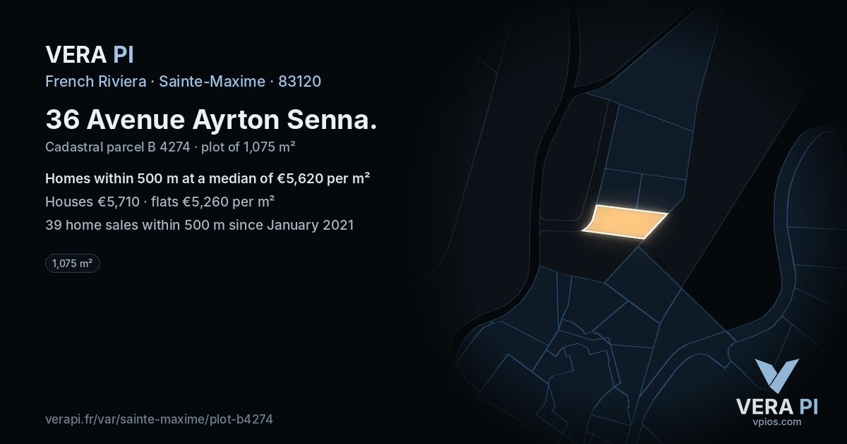 36 Avenue Ayrton Senna, Sainte-Maxime at night – the plot lit, the parcels around coloured by the prices near them