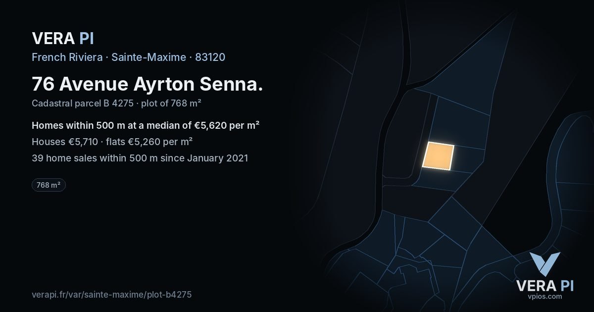 76 Avenue Ayrton Senna, Sainte-Maxime at night – the plot lit, the parcels around coloured by the prices near them