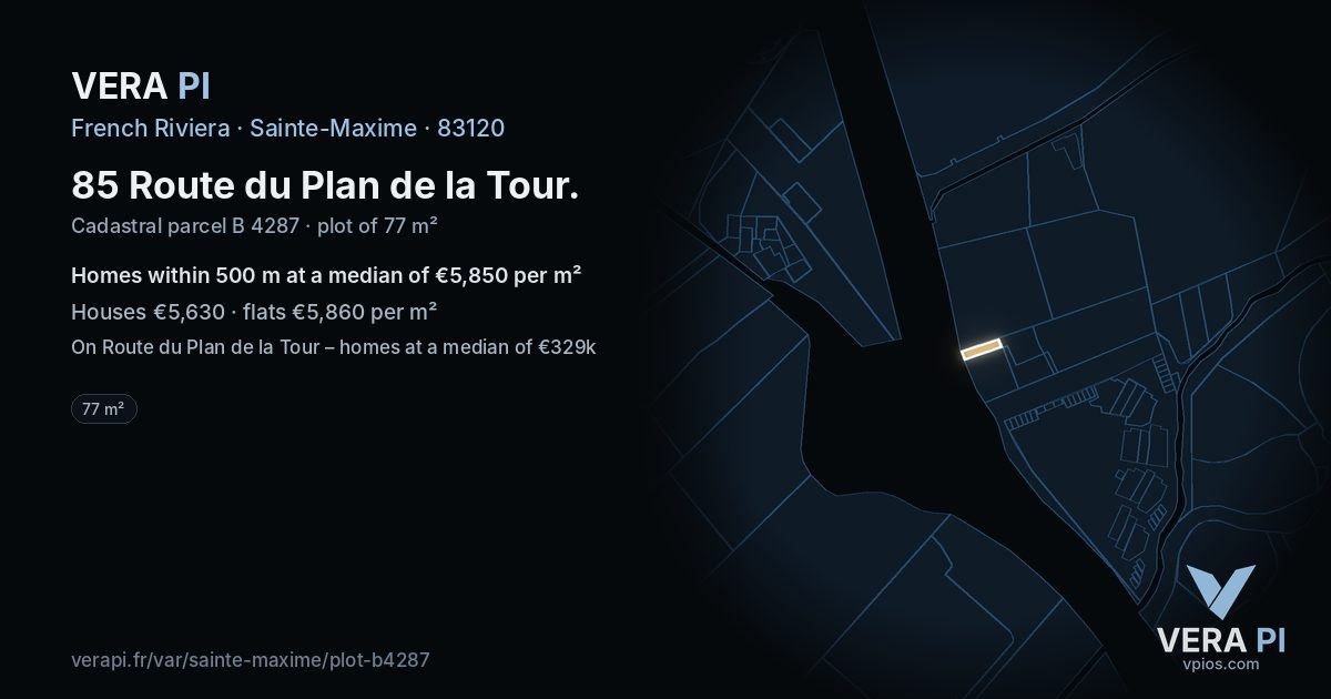 85 Route du Plan de la Tour, Sainte-Maxime at night – the plot lit, the parcels around coloured by the prices near them