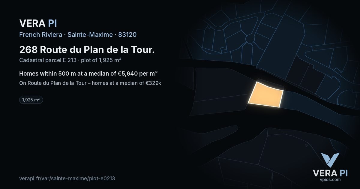 268 Route du Plan de la Tour, Sainte-Maxime at night – the plot lit, the parcels around coloured by the prices near them