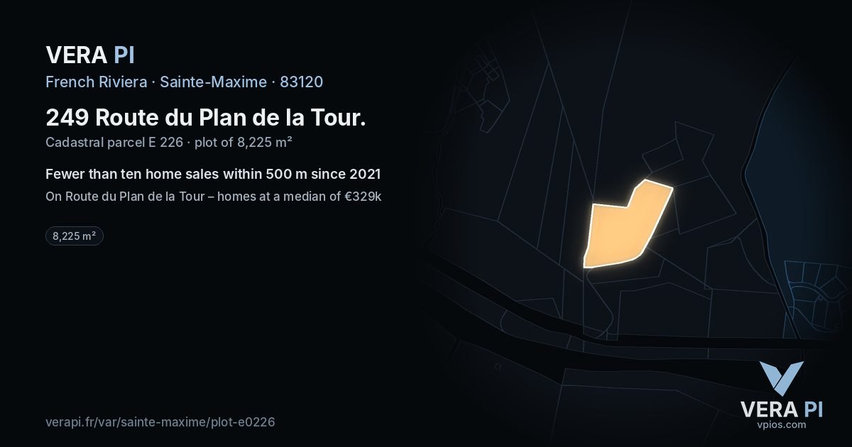 249 Route du Plan de la Tour, Sainte-Maxime at night – the plot lit, the parcels around coloured by the prices near them