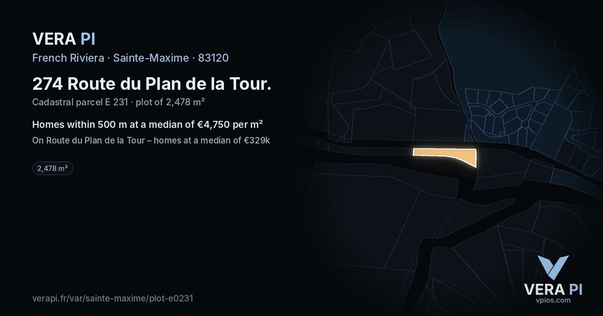 274 Route du Plan de la Tour, Sainte-Maxime at night – the plot lit, the parcels around coloured by the prices near them