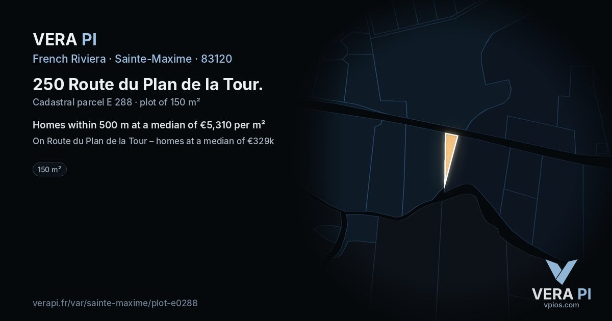 250 Route du Plan de la Tour, Sainte-Maxime at night – the plot lit, the parcels around coloured by the prices near them