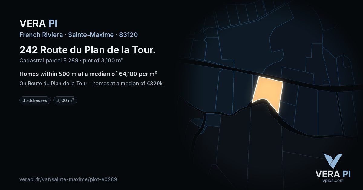 242 Route du Plan de la Tour, Sainte-Maxime at night – the plot lit, the parcels around coloured by the prices near them