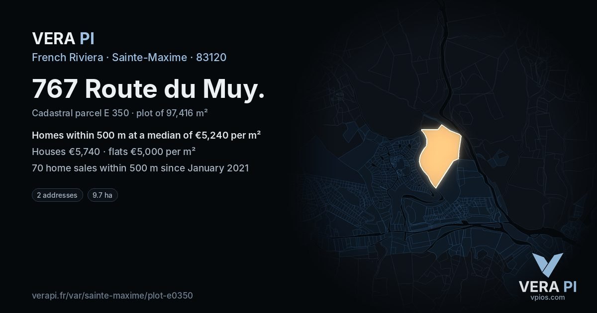 767 Route du Muy, Sainte-Maxime at night – the plot lit, the parcels around coloured by the prices near them