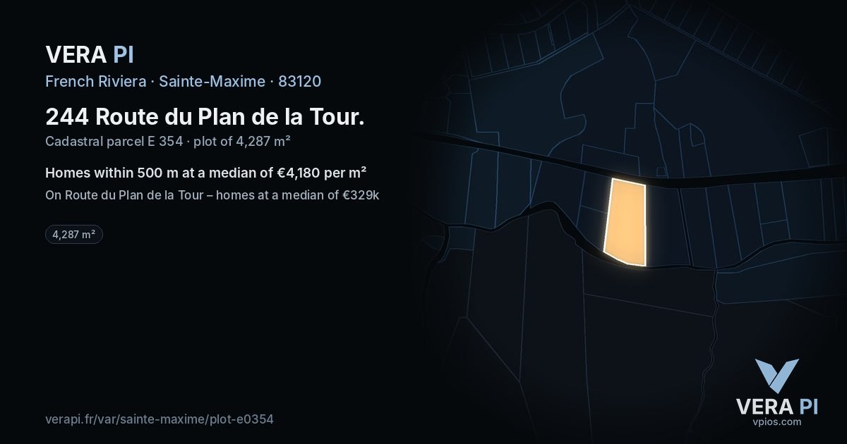 244 Route du Plan de la Tour, Sainte-Maxime at night – the plot lit, the parcels around coloured by the prices near them