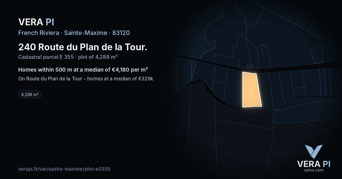 240 Route du Plan de la Tour, Sainte-Maxime at night – the plot lit, the parcels around coloured by the prices near them