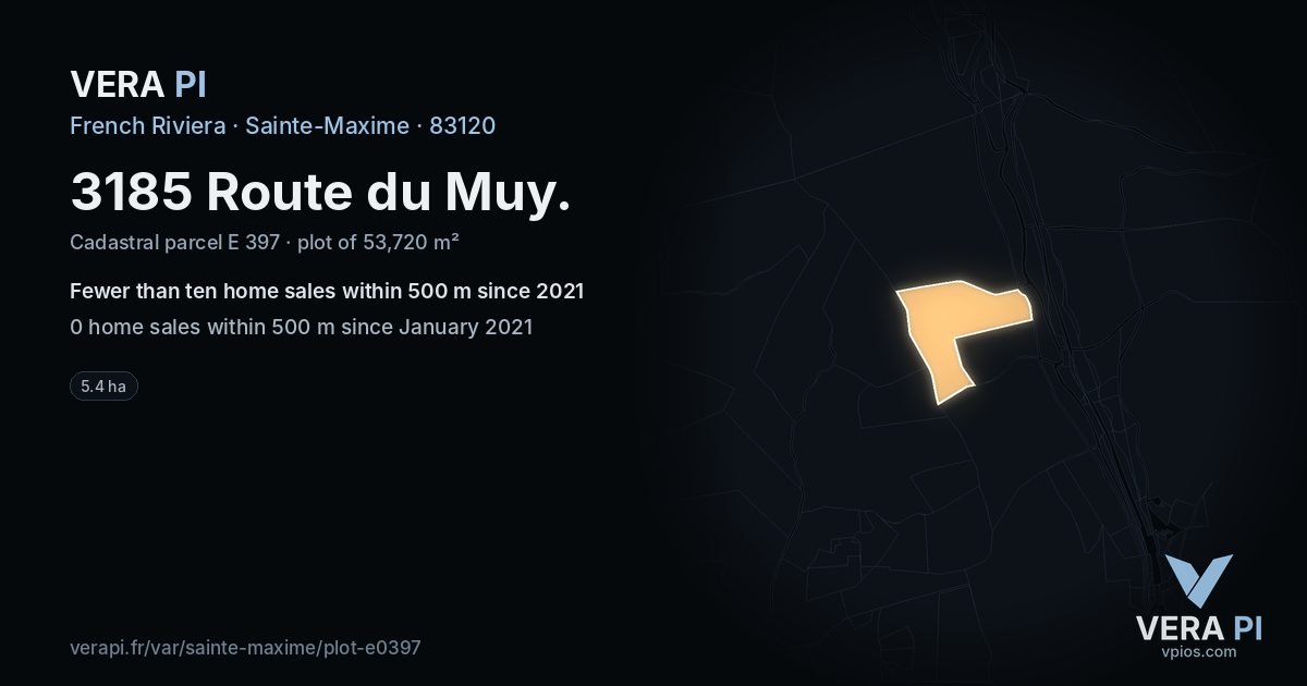 3185 Route du Muy, Sainte-Maxime at night – the plot lit, the parcels around coloured by the prices near them