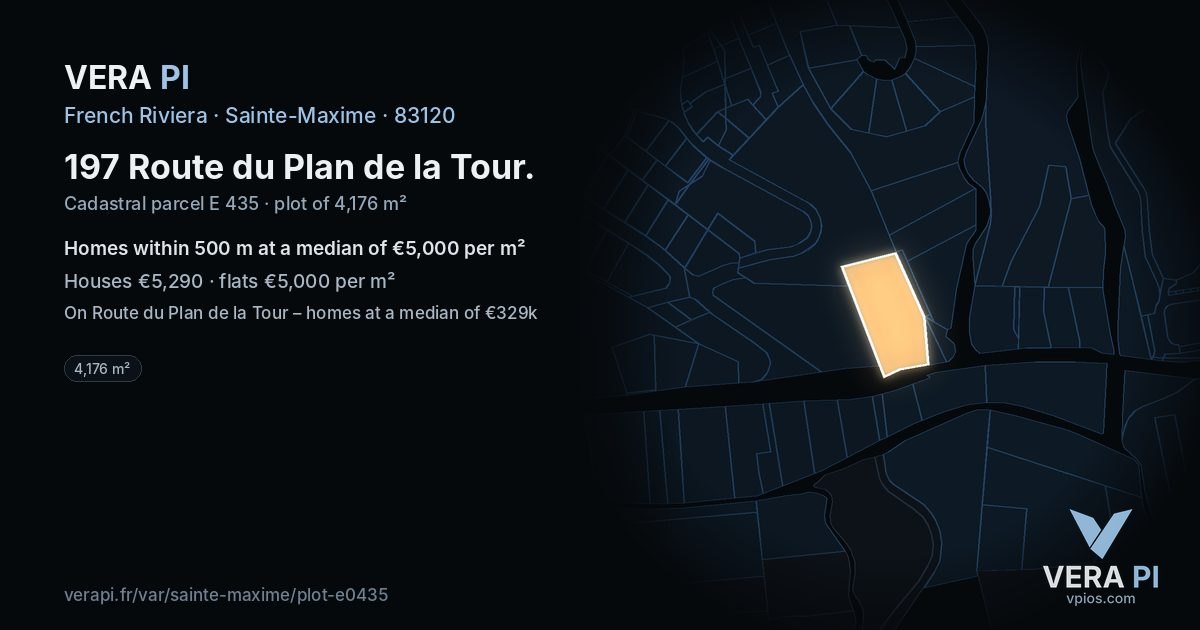 197 Route du Plan de la Tour, Sainte-Maxime at night – the plot lit, the parcels around coloured by the prices near them