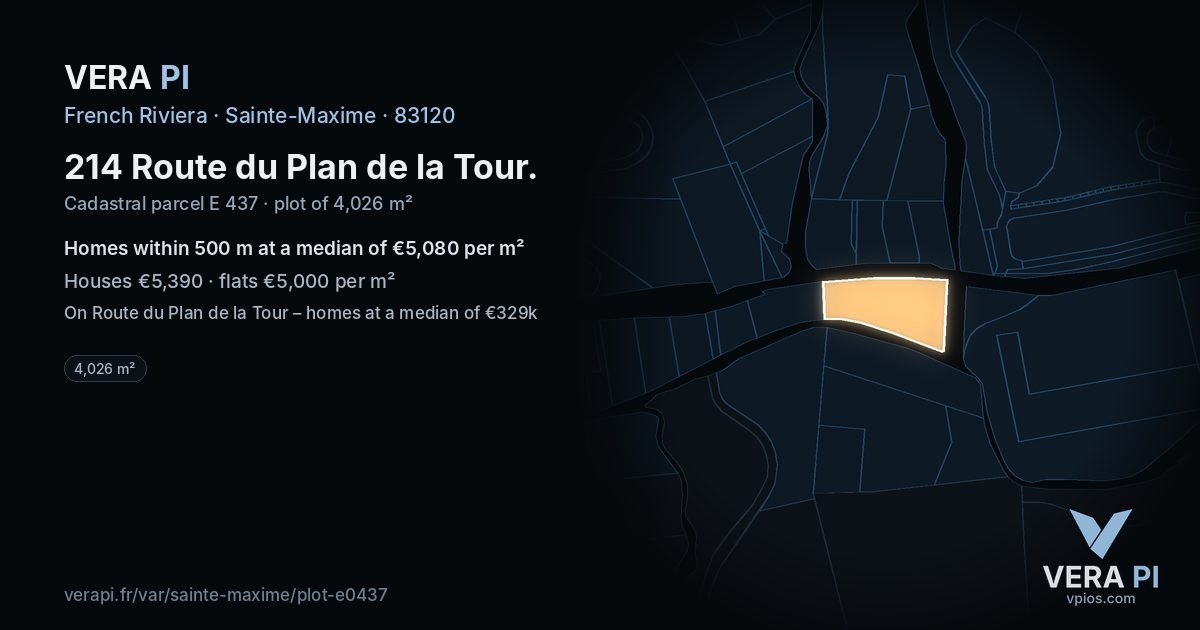 214 Route du Plan de la Tour, Sainte-Maxime at night – the plot lit, the parcels around coloured by the prices near them