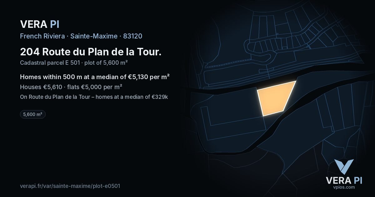 204 Route du Plan de la Tour, Sainte-Maxime at night – the plot lit, the parcels around coloured by the prices near them