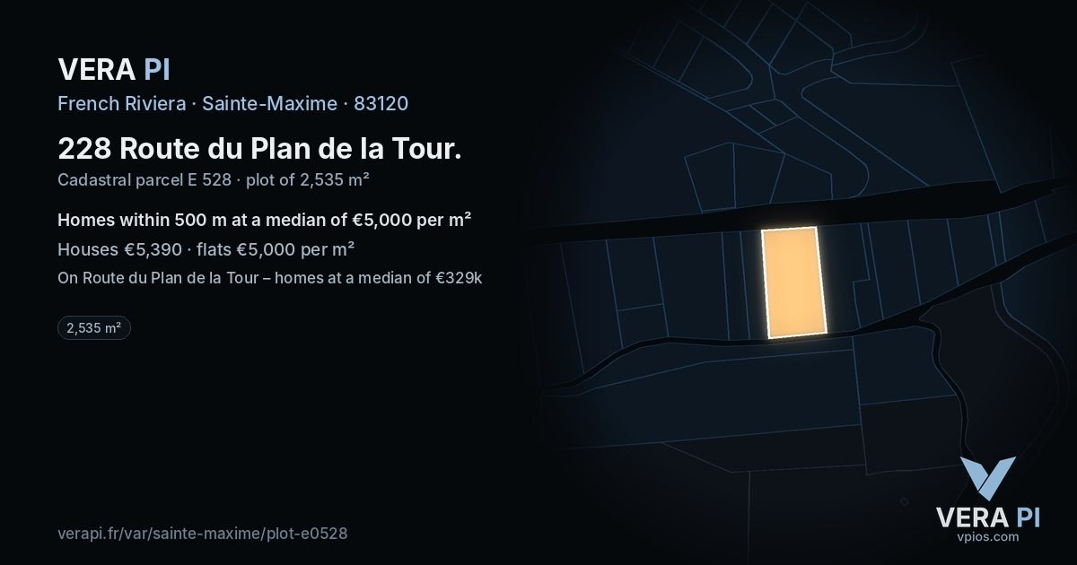 228 Route du Plan de la Tour, Sainte-Maxime at night – the plot lit, the parcels around coloured by the prices near them