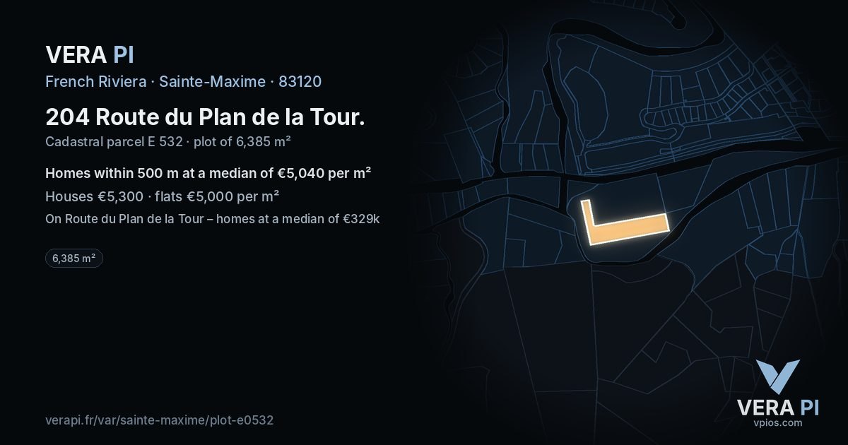 204 Route du Plan de la Tour, Sainte-Maxime at night – the plot lit, the parcels around coloured by the prices near them