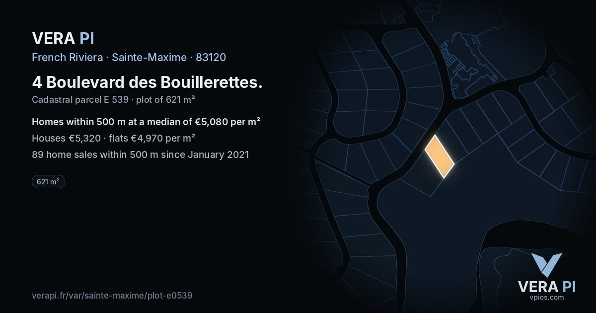 4 Boulevard des Bouillerettes, Sainte-Maxime at night – the plot lit, the parcels around coloured by the prices near them