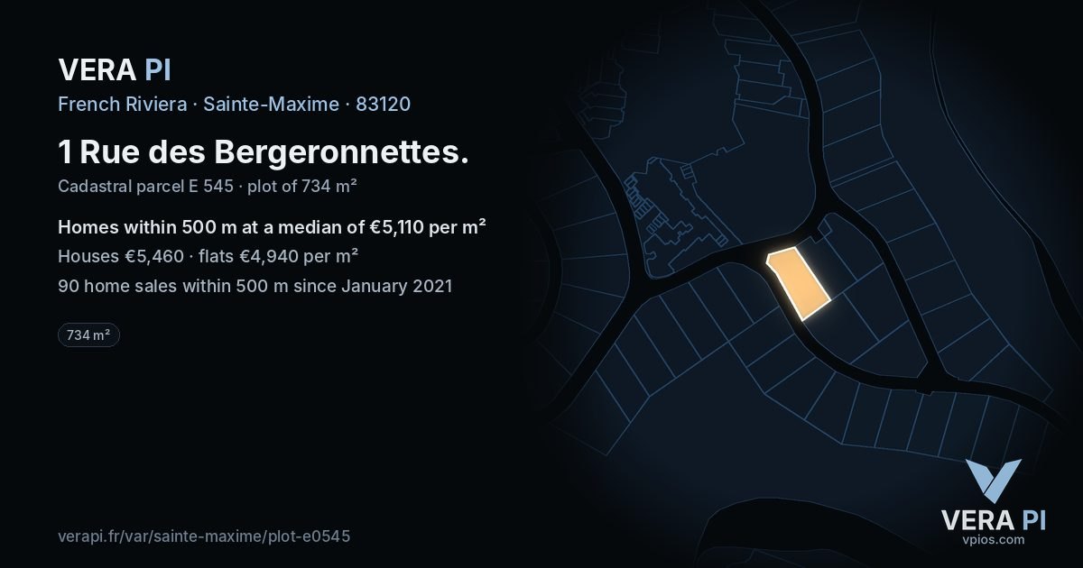 1 Rue des Bergeronnettes, Sainte-Maxime at night – the plot lit, the parcels around coloured by the prices near them