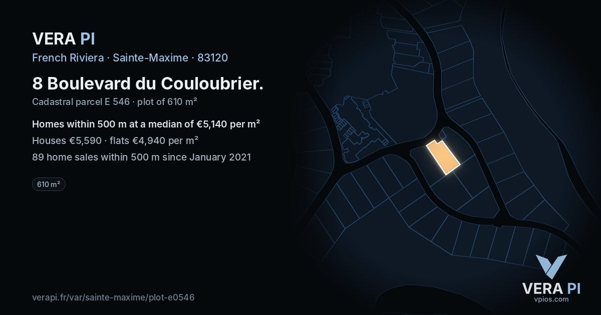8 Boulevard du Couloubrier, Sainte-Maxime at night – the plot lit, the parcels around coloured by the prices near them
