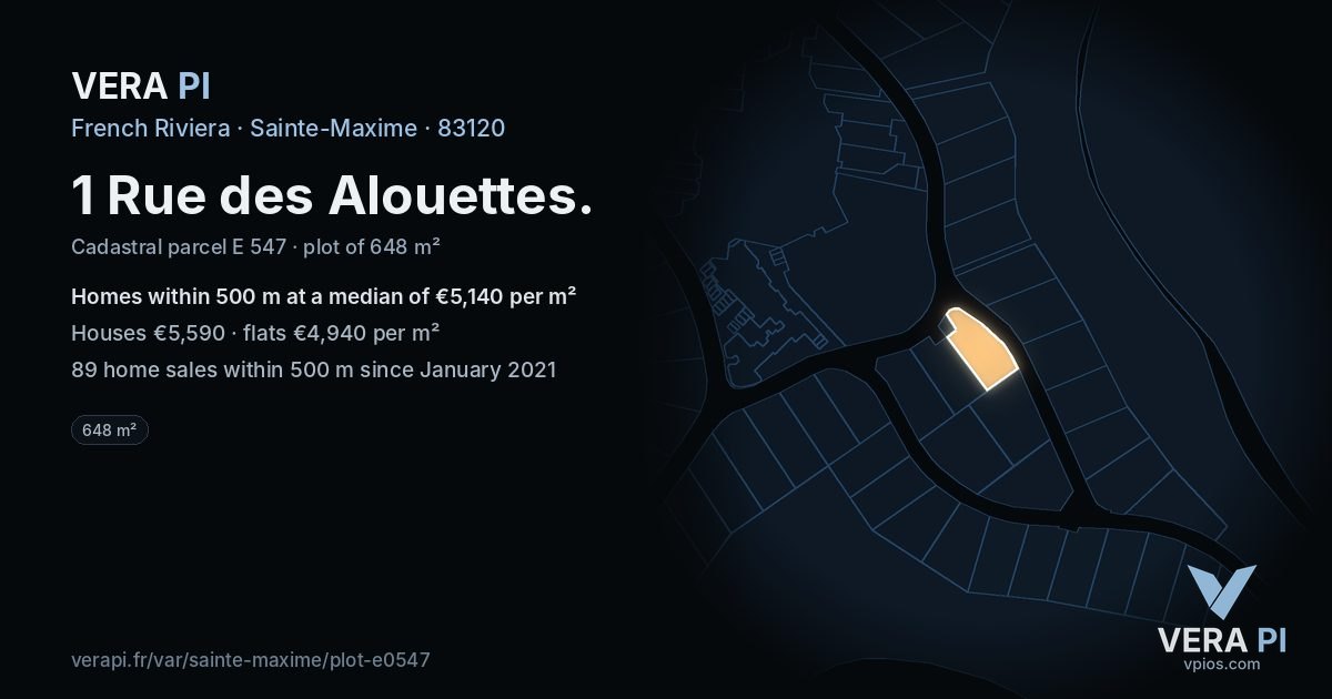1 Rue des Alouettes, Sainte-Maxime at night – the plot lit, the parcels around coloured by the prices near them