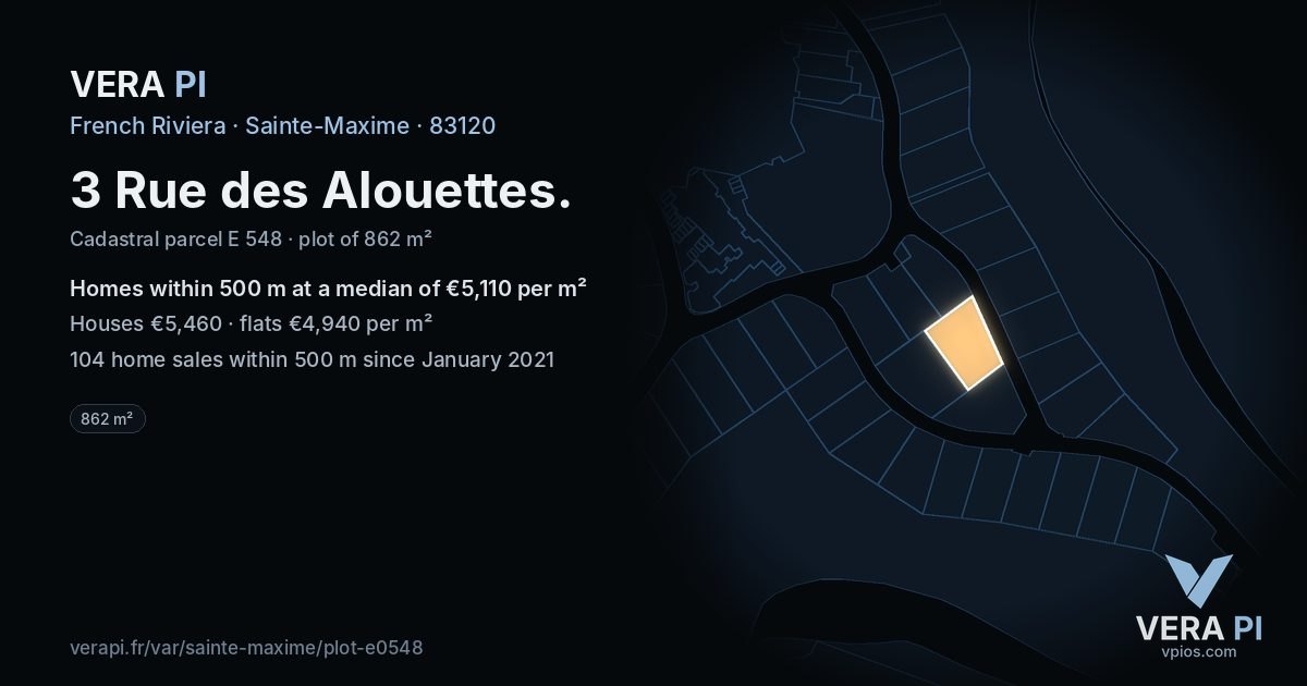 3 Rue des Alouettes, Sainte-Maxime at night – the plot lit, the parcels around coloured by the prices near them