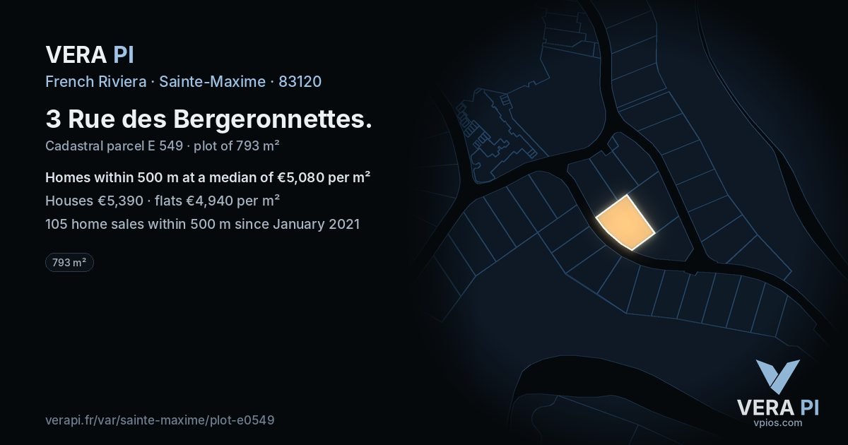3 Rue des Bergeronnettes, Sainte-Maxime at night – the plot lit, the parcels around coloured by the prices near them
