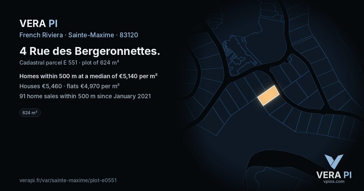 4 Rue des Bergeronnettes, Sainte-Maxime at night – the plot lit, the parcels around coloured by the prices near them