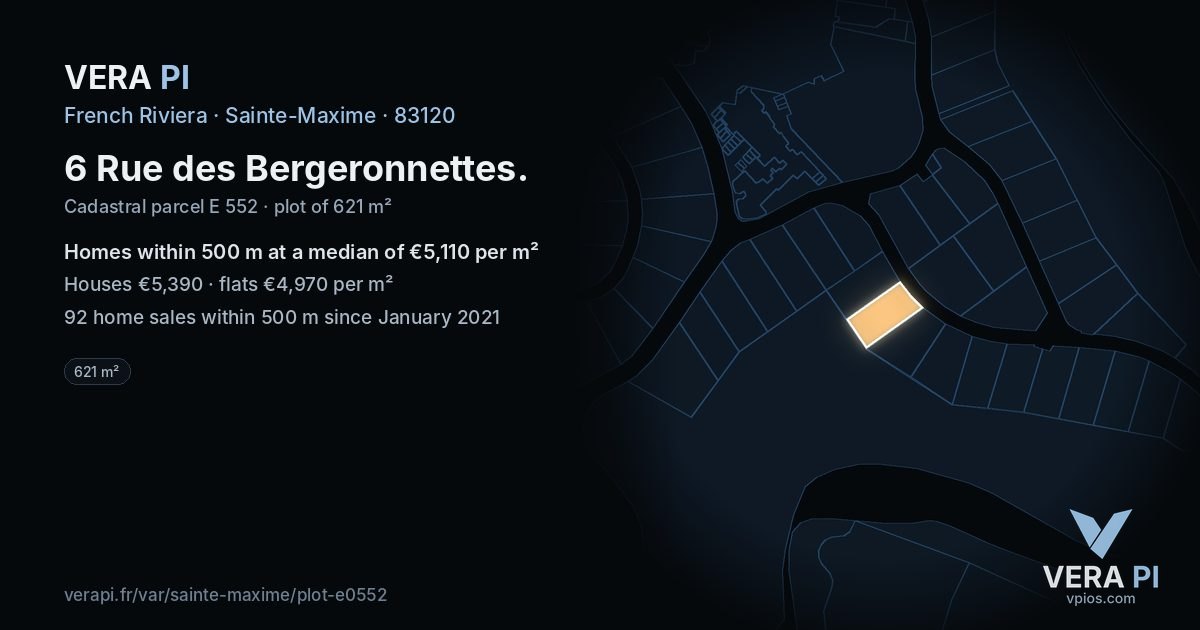 6 Rue des Bergeronnettes, Sainte-Maxime at night – the plot lit, the parcels around coloured by the prices near them