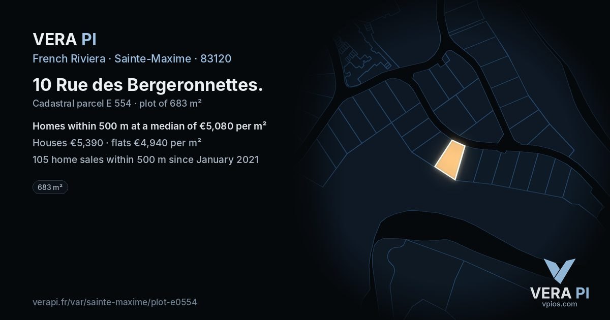 10 Rue des Bergeronnettes, Sainte-Maxime at night – the plot lit, the parcels around coloured by the prices near them