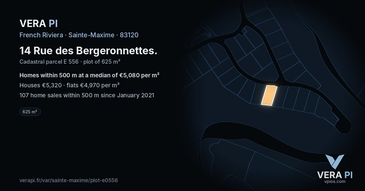 14 Rue des Bergeronnettes, Sainte-Maxime at night – the plot lit, the parcels around coloured by the prices near them