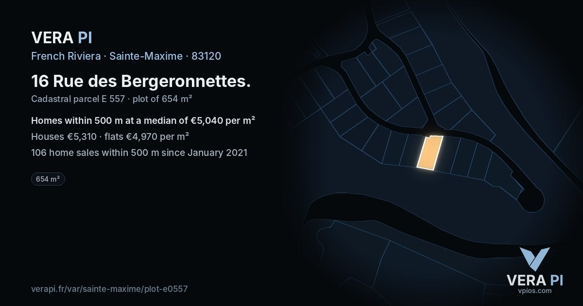 16 Rue des Bergeronnettes, Sainte-Maxime at night – the plot lit, the parcels around coloured by the prices near them