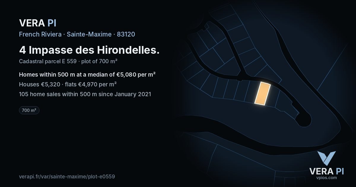 4 Impasse des Hirondelles, Sainte-Maxime at night – the plot lit, the parcels around coloured by the prices near them