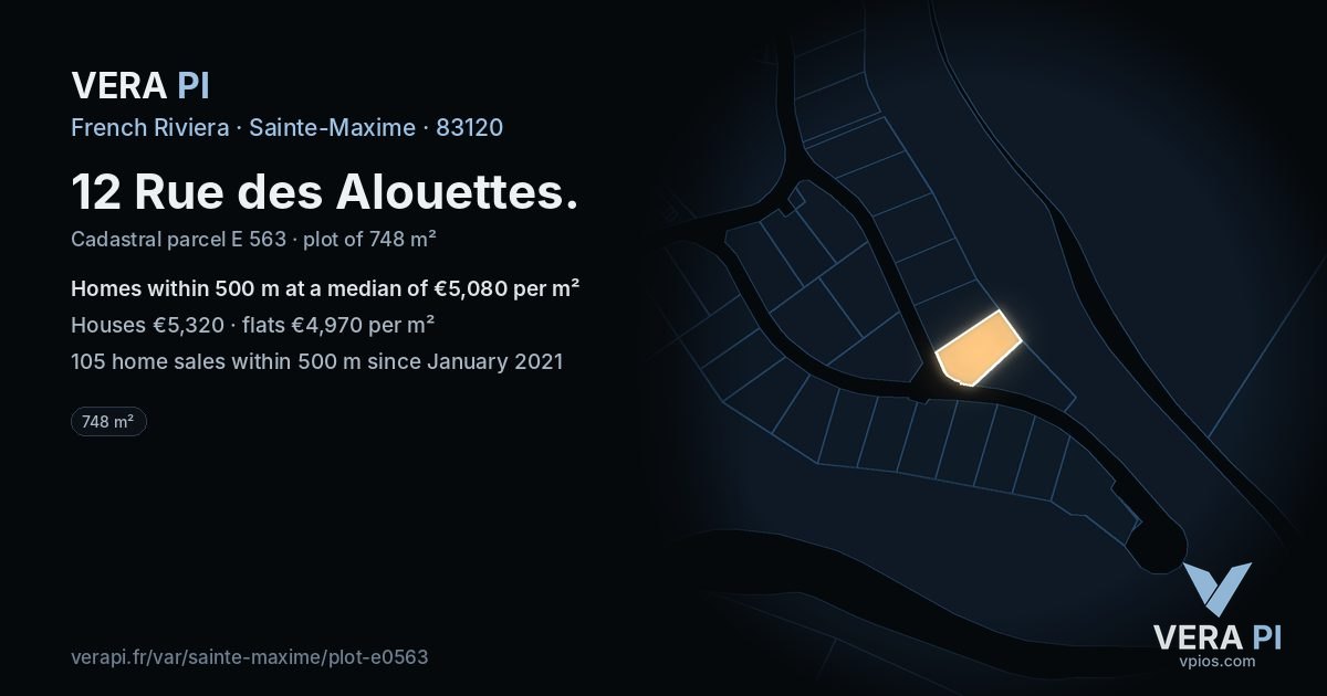 12 Rue des Alouettes, Sainte-Maxime at night – the plot lit, the parcels around coloured by the prices near them
