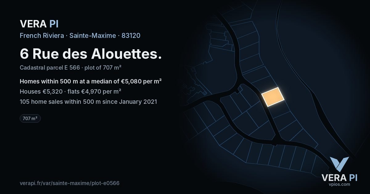 6 Rue des Alouettes, Sainte-Maxime at night – the plot lit, the parcels around coloured by the prices near them