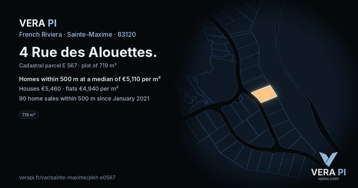 4 Rue des Alouettes, Sainte-Maxime at night – the plot lit, the parcels around coloured by the prices near them