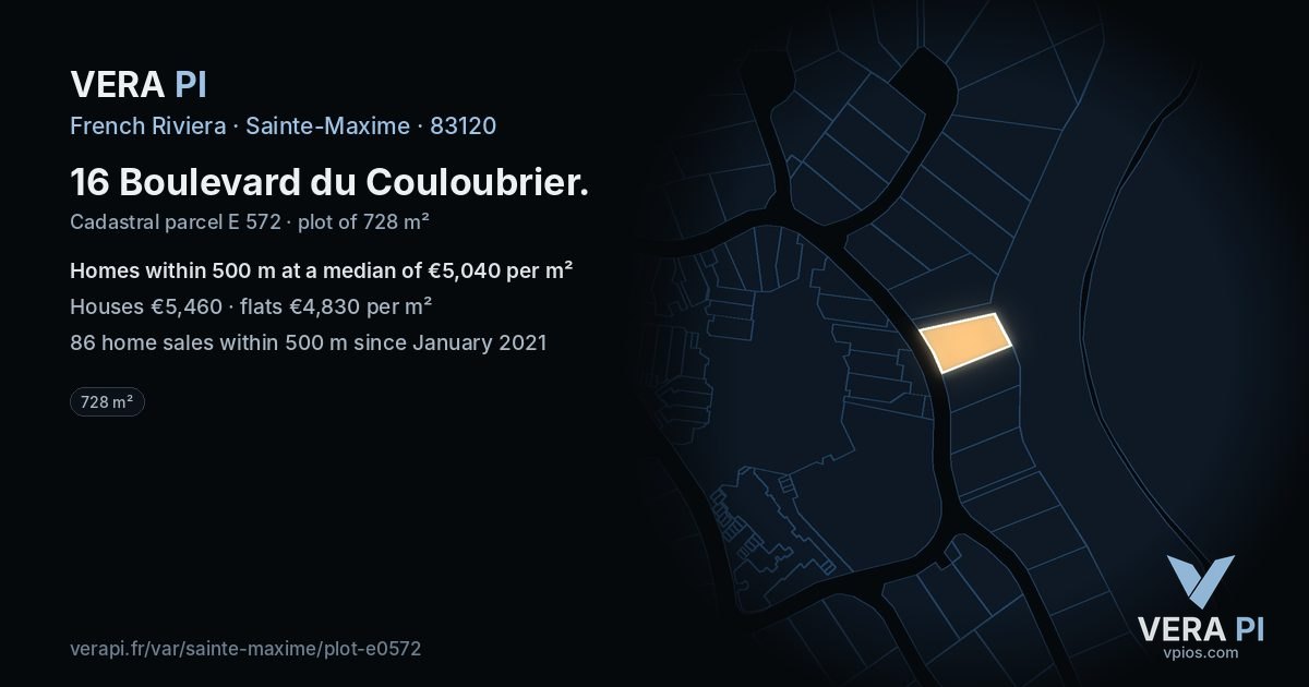 16 Boulevard du Couloubrier, Sainte-Maxime at night – the plot lit, the parcels around coloured by the prices near them