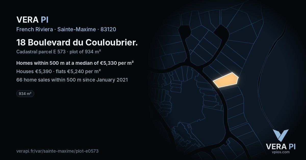 18 Boulevard du Couloubrier, Sainte-Maxime at night – the plot lit, the parcels around coloured by the prices near them