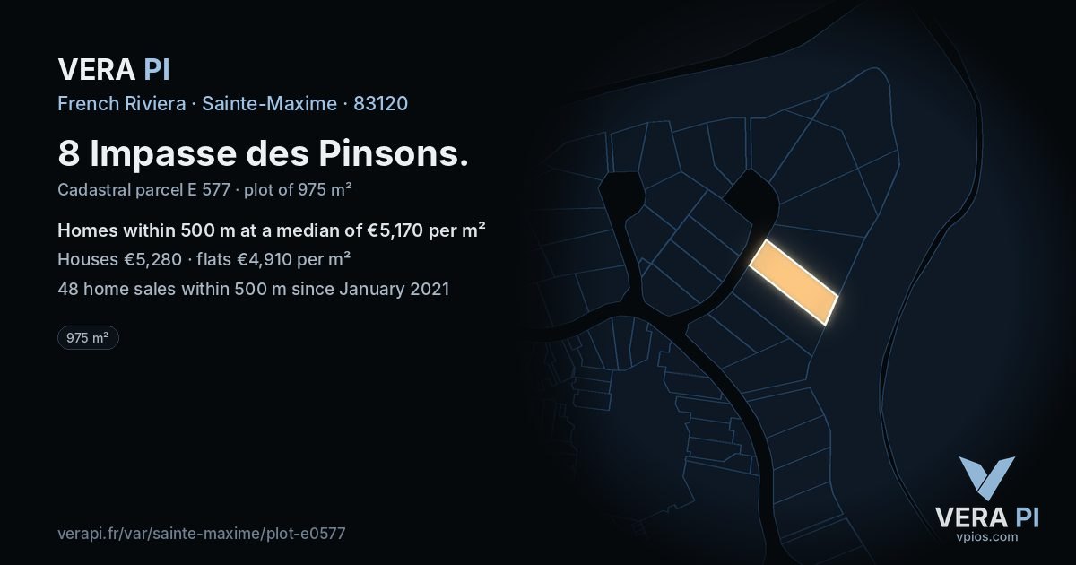 8 Impasse des Pinsons, Sainte-Maxime at night – the plot lit, the parcels around coloured by the prices near them