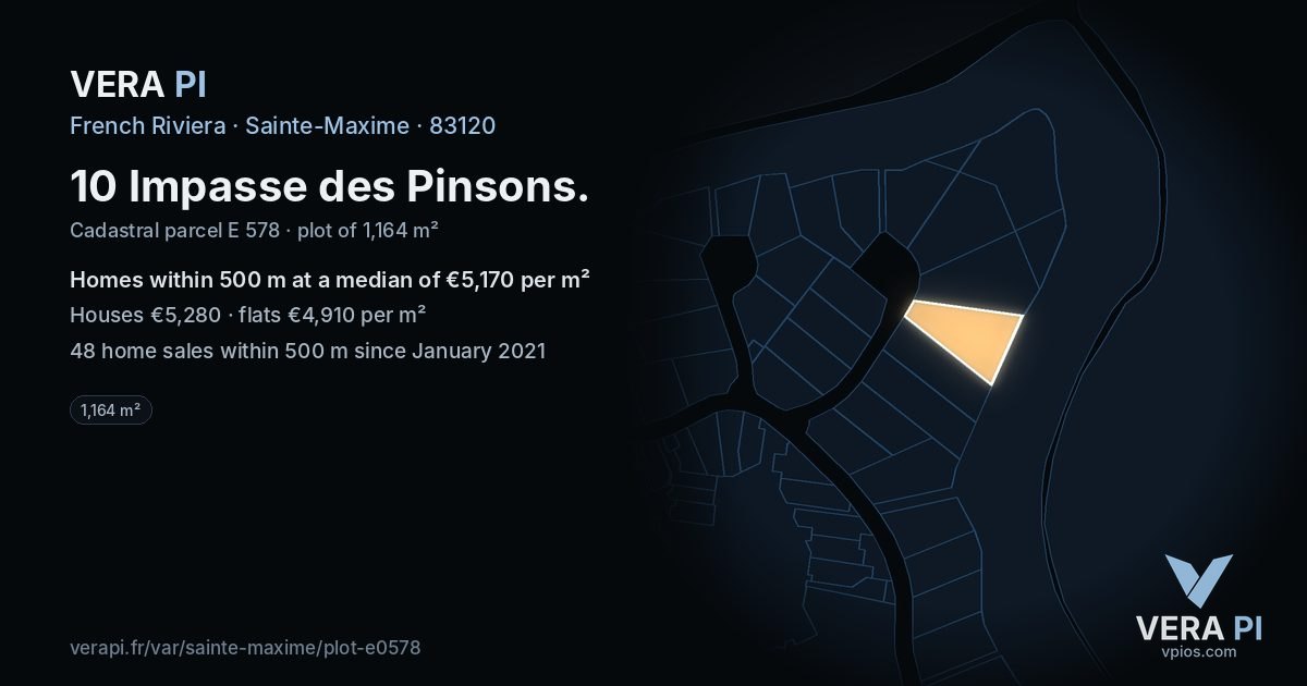 10 Impasse des Pinsons, Sainte-Maxime at night – the plot lit, the parcels around coloured by the prices near them