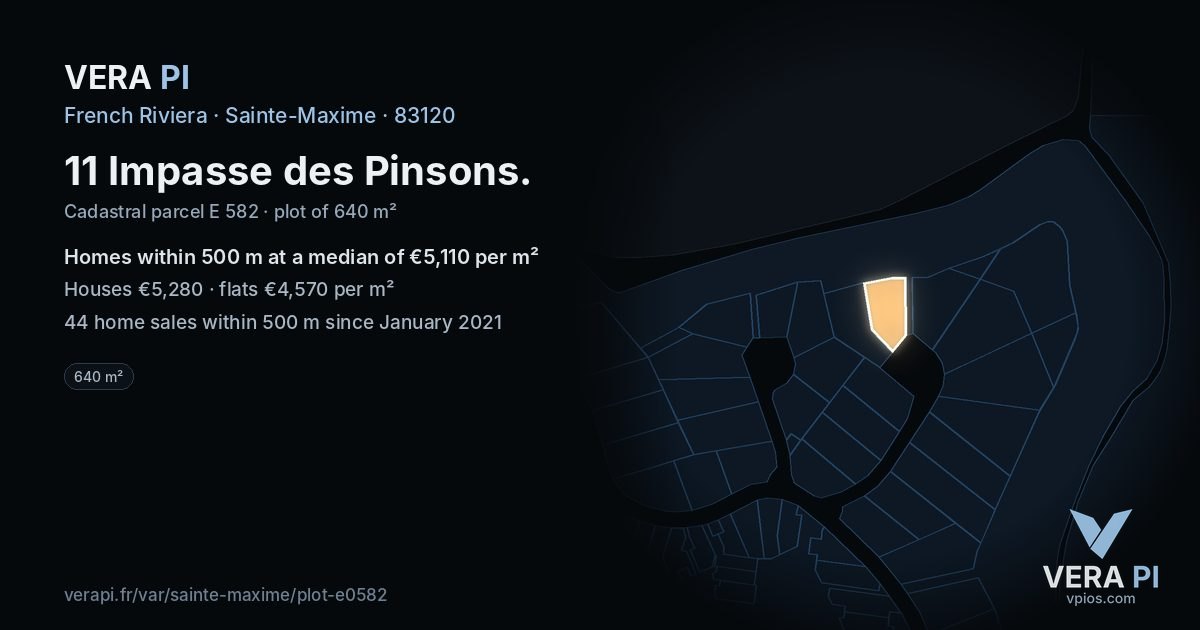 11 Impasse des Pinsons, Sainte-Maxime at night – the plot lit, the parcels around coloured by the prices near them